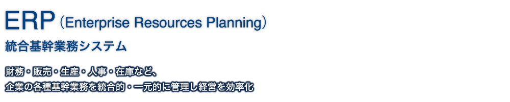 ERP（Enterprise Resources Planning）｜統合基幹業務システム｜財務・販売・生産・人事・在庫など、企業の各種基幹業務を統合的・一元的に管理し経営を効率化